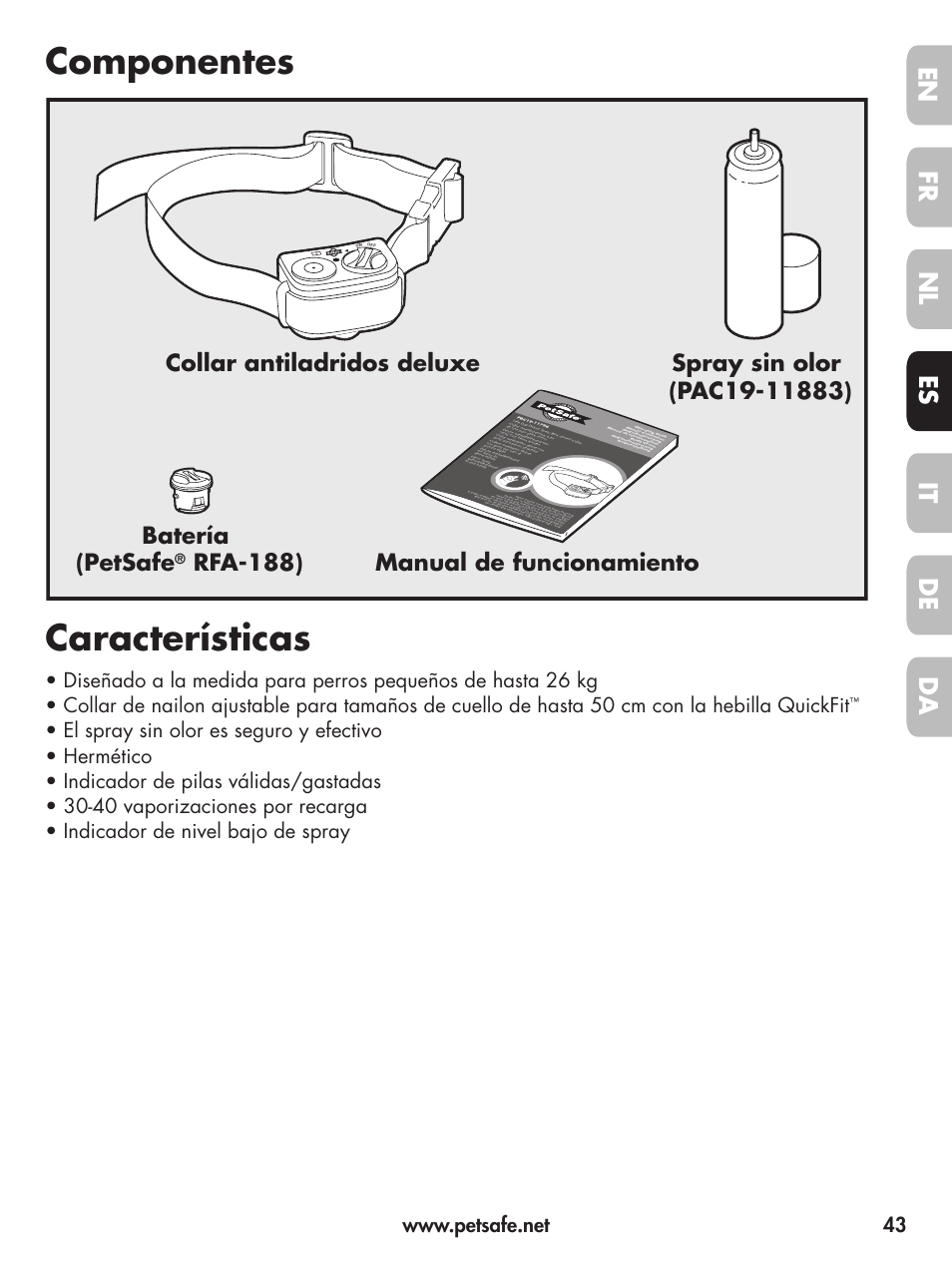 Componentes características, En fr fr es es nl nl it it da da de de, Rfa-188) manual de funcionamiento | On o f f | Petsafe Deluxe Little Dog Spray Bark Control User Manual | Page 43 / 96