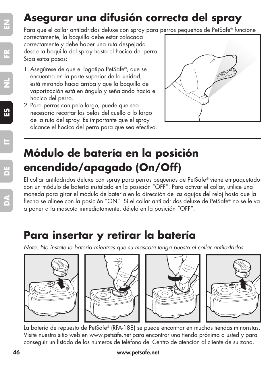 Asegurar una difusión correcta del spray, Para insertar y retirar la batería, En fr fr es es nl nl it it da da de de | Petsafe Deluxe Little Dog Spray Bark Control User Manual | Page 46 / 96