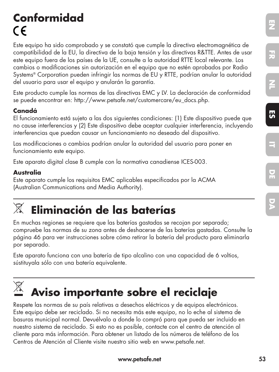 Conformidad, Eliminación de las baterías, Aviso importante sobre el reciclaje | Petsafe Deluxe Little Dog Spray Bark Control User Manual | Page 53 / 96