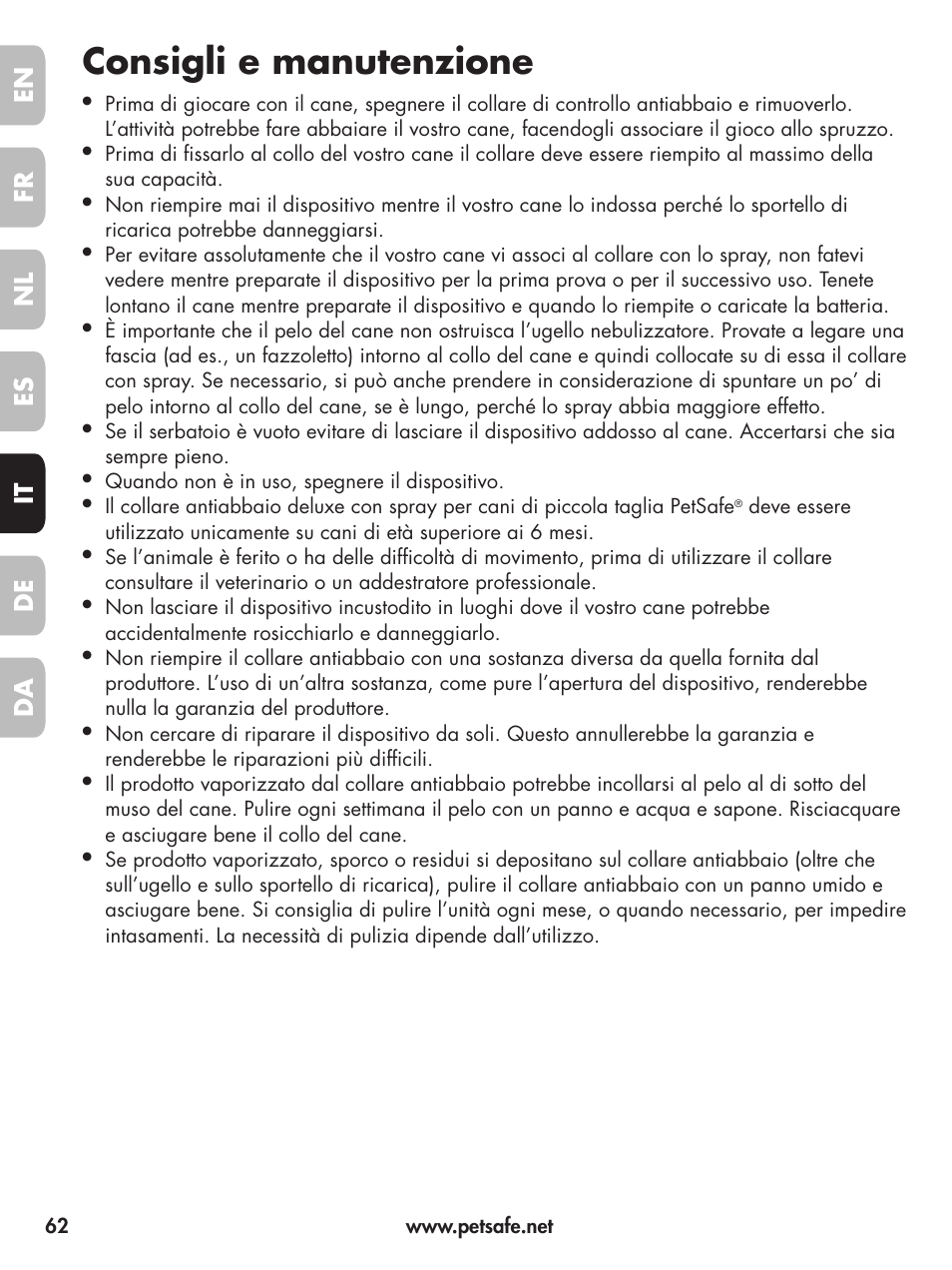 Consigli e manutenzione | Petsafe Deluxe Little Dog Spray Bark Control User Manual | Page 62 / 96
