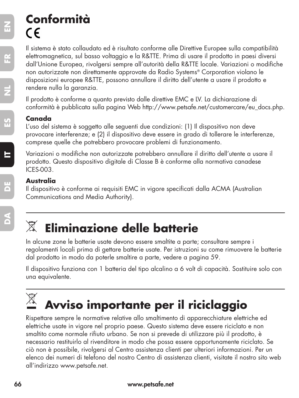 Conformità, Eliminazione delle batterie, Avviso importante per il riciclaggio | Petsafe Deluxe Little Dog Spray Bark Control User Manual | Page 66 / 96