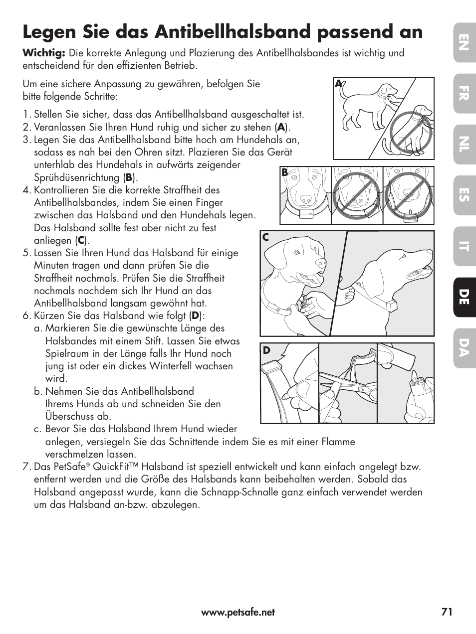 Legen sie das antibellhalsband passend an, En fr fr es es nl nl it it da da de de | Petsafe Deluxe Little Dog Spray Bark Control User Manual | Page 71 / 96