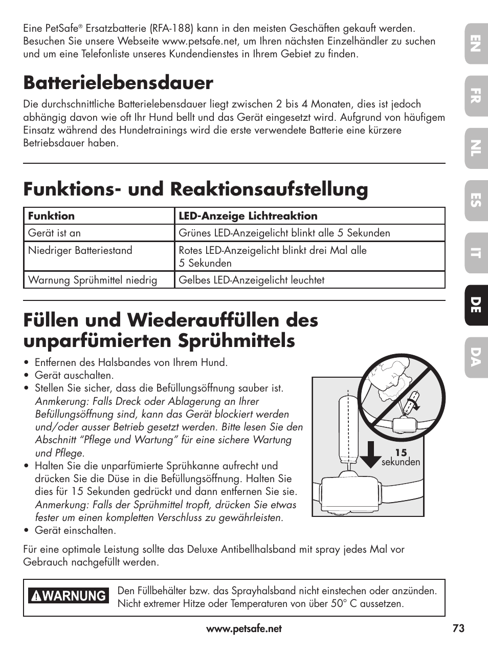 Batterielebensdauer, Funktions- und reaktionsaufstellung | Petsafe Deluxe Little Dog Spray Bark Control User Manual | Page 73 / 96