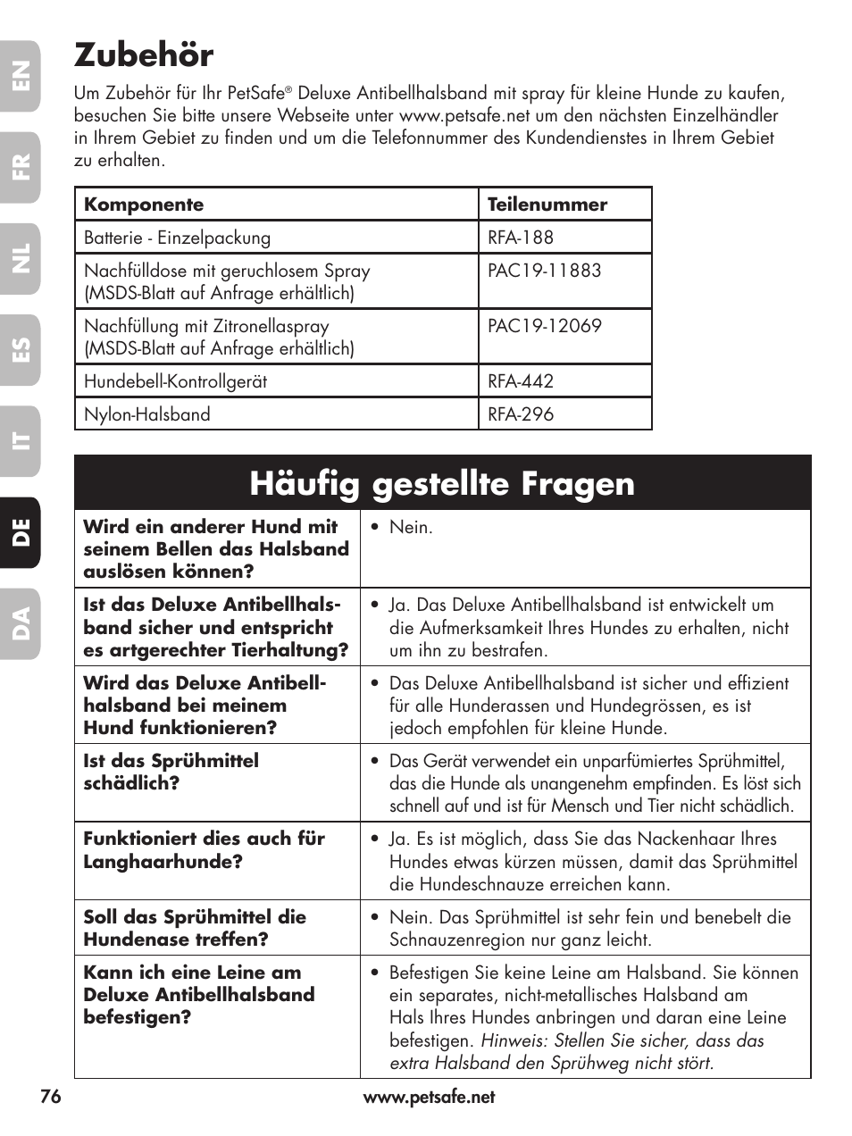 Zubehör, Häufig gestellte fragen, En fr fr es es nl nl it it da da de de | Petsafe Deluxe Little Dog Spray Bark Control User Manual | Page 76 / 96