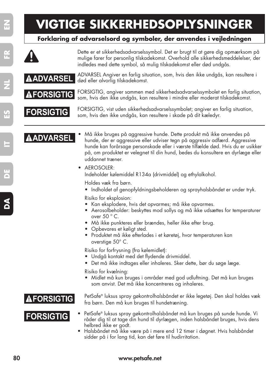 Vigtige sikkerhedsoplysninger, En fr fr es es nl nl it it da da de de | Petsafe Deluxe Little Dog Spray Bark Control User Manual | Page 80 / 96