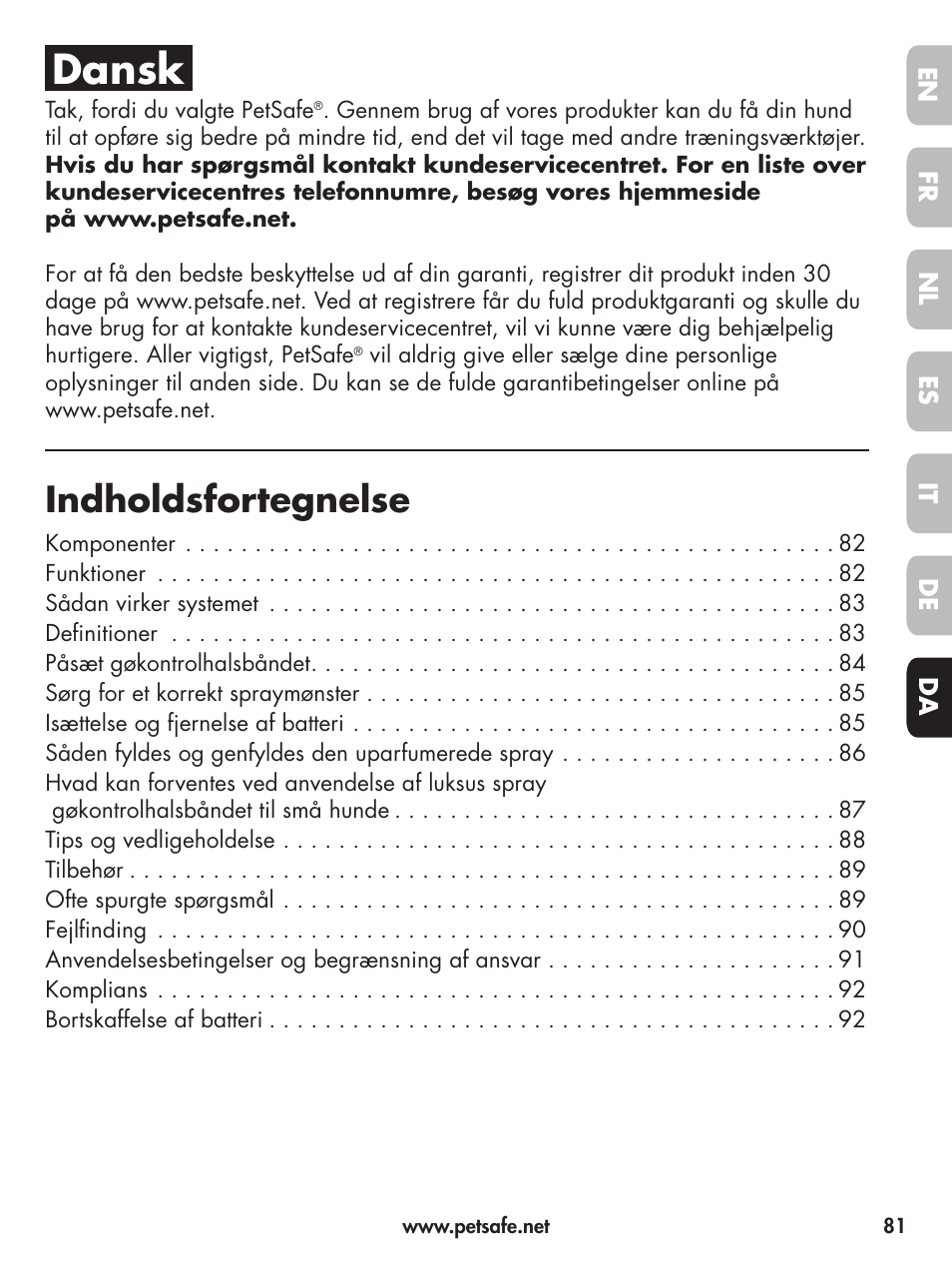 Dansk, Indholdsfortegnelse | Petsafe Deluxe Little Dog Spray Bark Control User Manual | Page 81 / 96