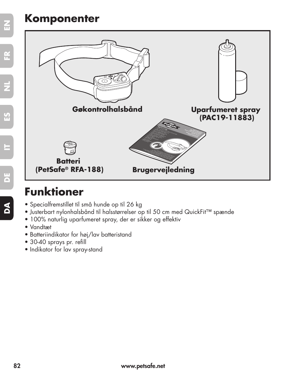 Komponenter funktioner, En fr fr es es nl nl it it da da de de, Rfa-188) brugervejledning | On o f f | Petsafe Deluxe Little Dog Spray Bark Control User Manual | Page 82 / 96