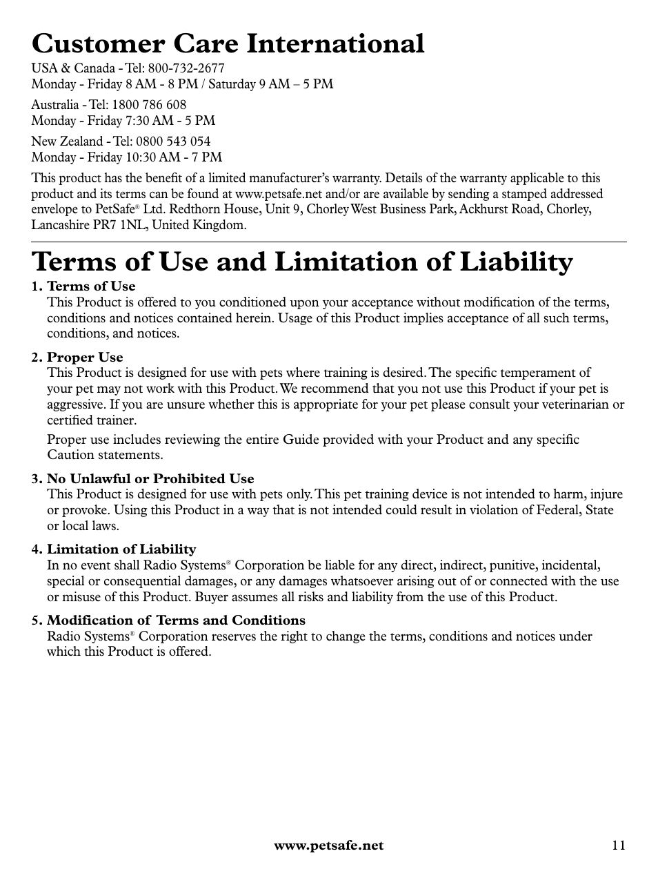 Customer care international, Terms of use and limitation of liability | Petsafe Deluxe Little Dog Spray Bark Control User Manual | Page 11 / 12
