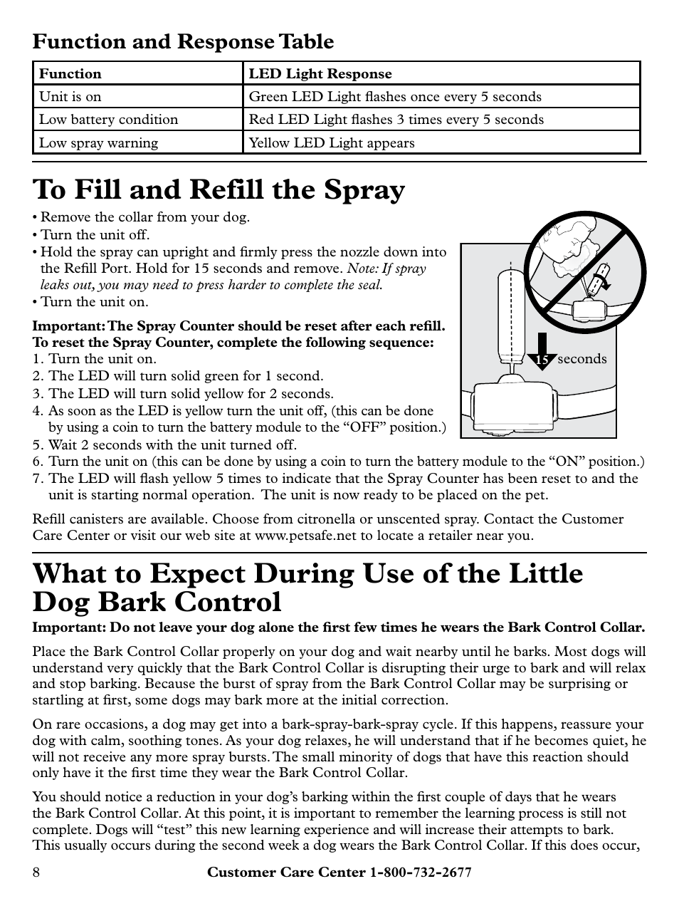 Function and response table | Petsafe Deluxe Little Dog Spray Bark Control User Manual | Page 8 / 12