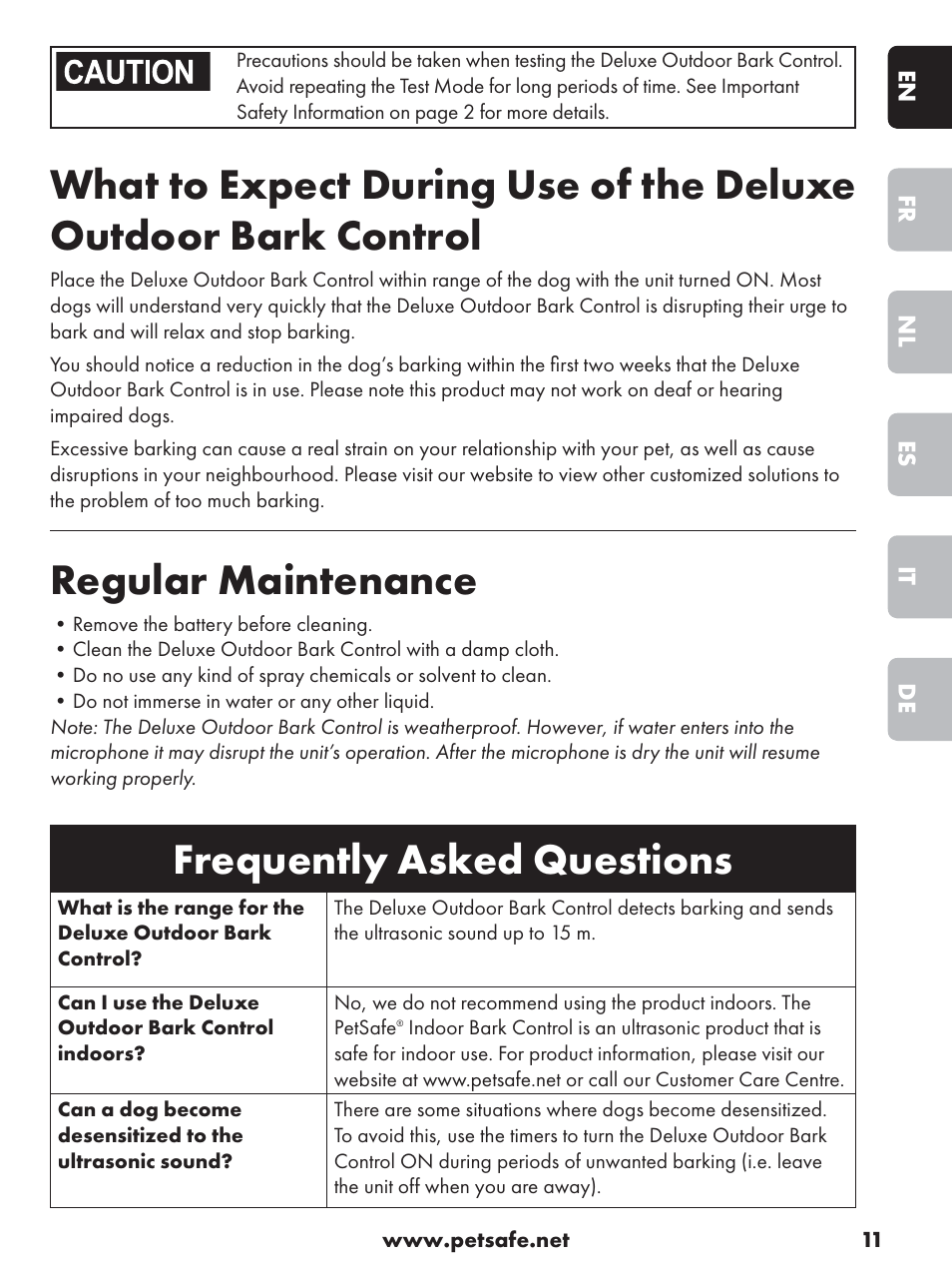 Regular maintenance, Frequently asked questions | Petsafe Deluxe Outdoor Bark Control User Manual | Page 11 / 80