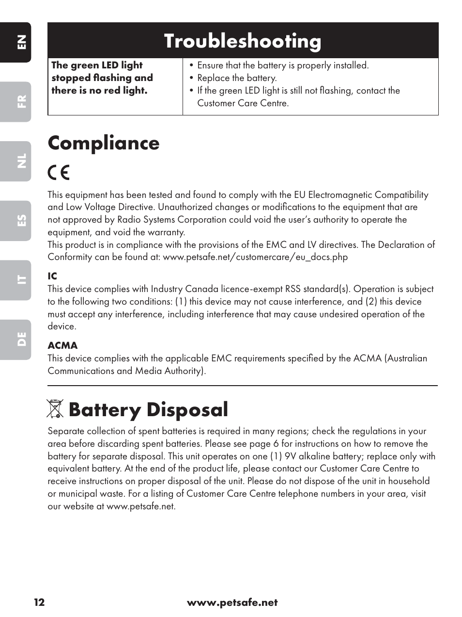Troubleshooting, Compliance, Battery disposal | Petsafe Deluxe Outdoor Bark Control User Manual | Page 12 / 80
