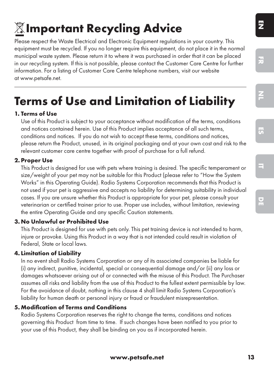 Important recycling advice, Terms of use and limitation of liability | Petsafe Deluxe Outdoor Bark Control User Manual | Page 13 / 80
