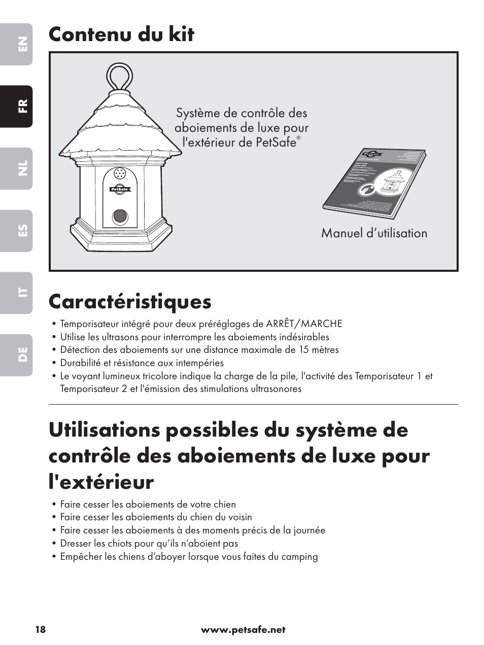 Contenu du kit, Caractéristiques | Petsafe Deluxe Outdoor Bark Control User Manual | Page 18 / 80