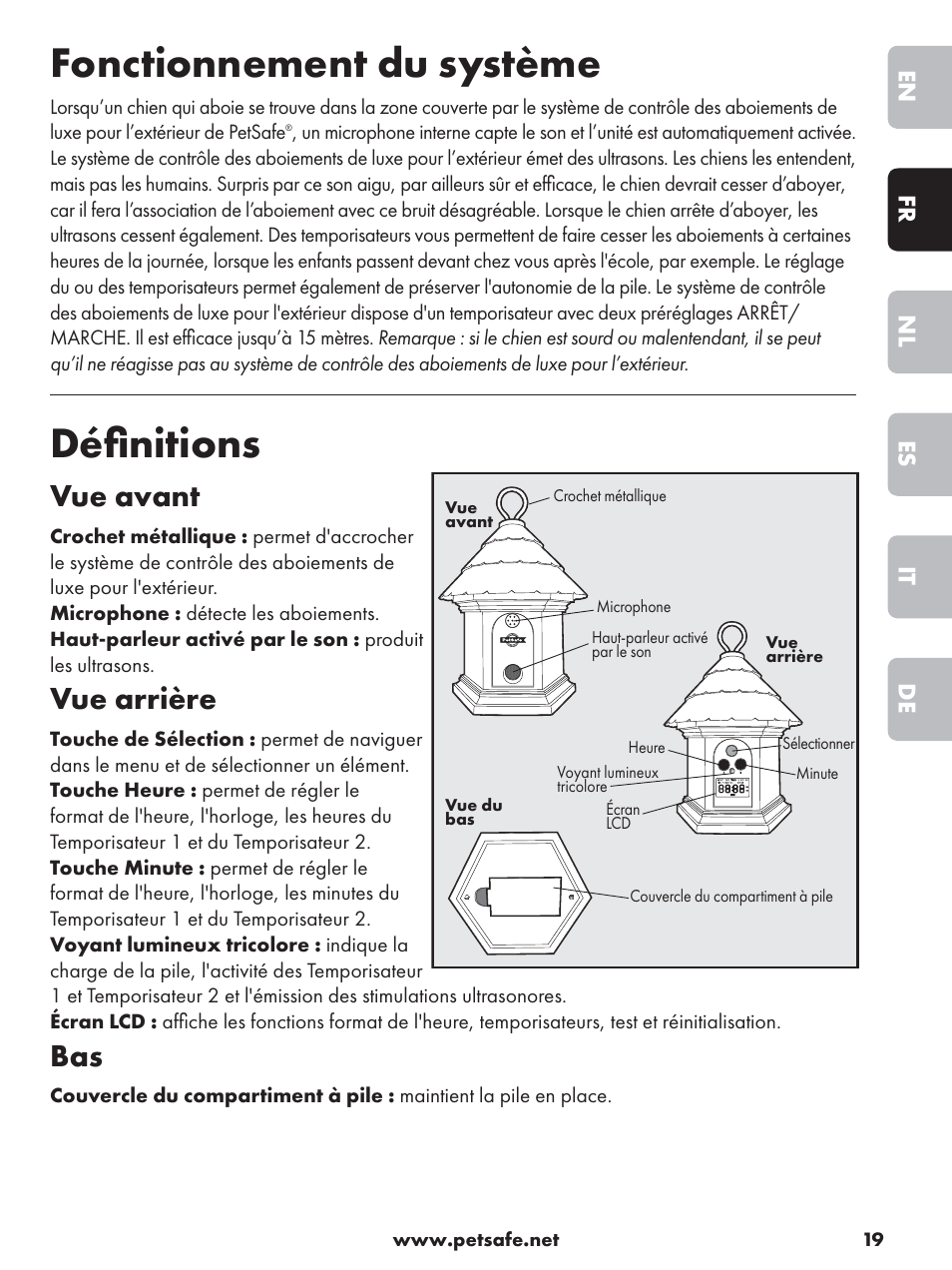 Fonctionnement du système, Déﬁ nitions, Vue avant | Vue arrière, De it es nl fr en | Petsafe Deluxe Outdoor Bark Control User Manual | Page 19 / 80