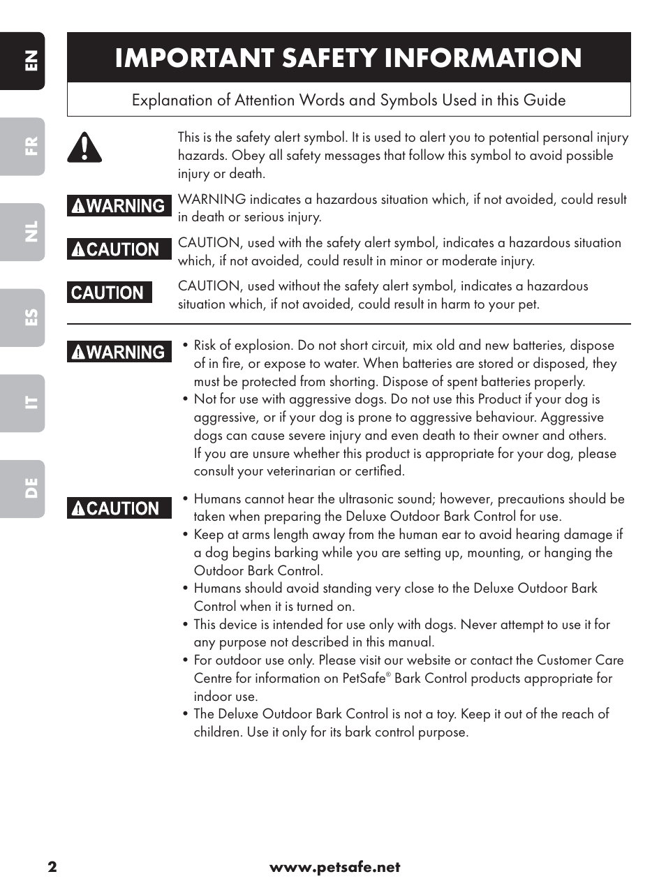 Important safety information | Petsafe Deluxe Outdoor Bark Control User Manual | Page 2 / 80