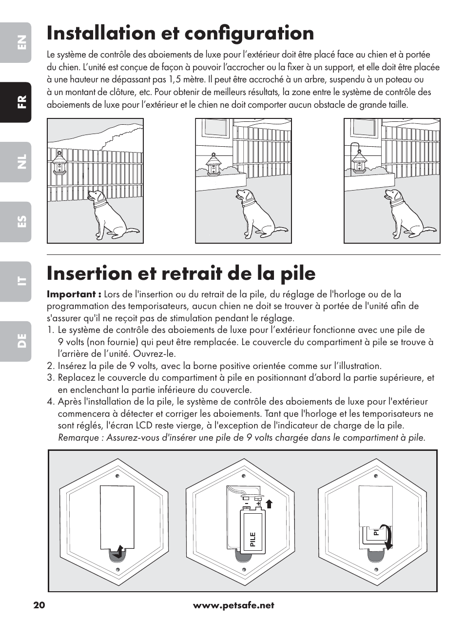 Installation et conﬁ guration, Insertion et retrait de la pile | Petsafe Deluxe Outdoor Bark Control User Manual | Page 20 / 80