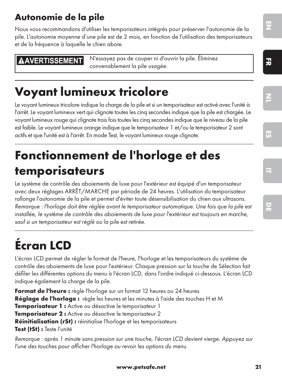 Voyant lumineux tricolore, Fonctionnement de l'horloge et des temporisateurs, Écran lcd | Autonomie de la pile | Petsafe Deluxe Outdoor Bark Control User Manual | Page 21 / 80