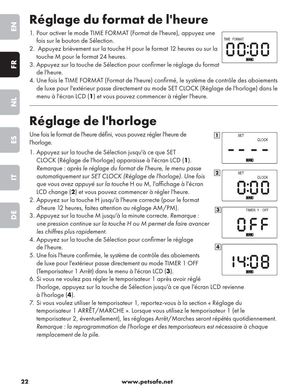 Réglage du format de l'heure, Réglage de l'horloge | Petsafe Deluxe Outdoor Bark Control User Manual | Page 22 / 80