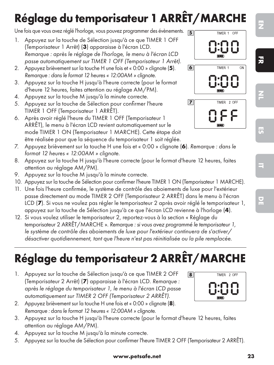 Réglage du temporisateur 1 arrêt/marche, Réglage du temporisateur 2 arrêt/marche | Petsafe Deluxe Outdoor Bark Control User Manual | Page 23 / 80