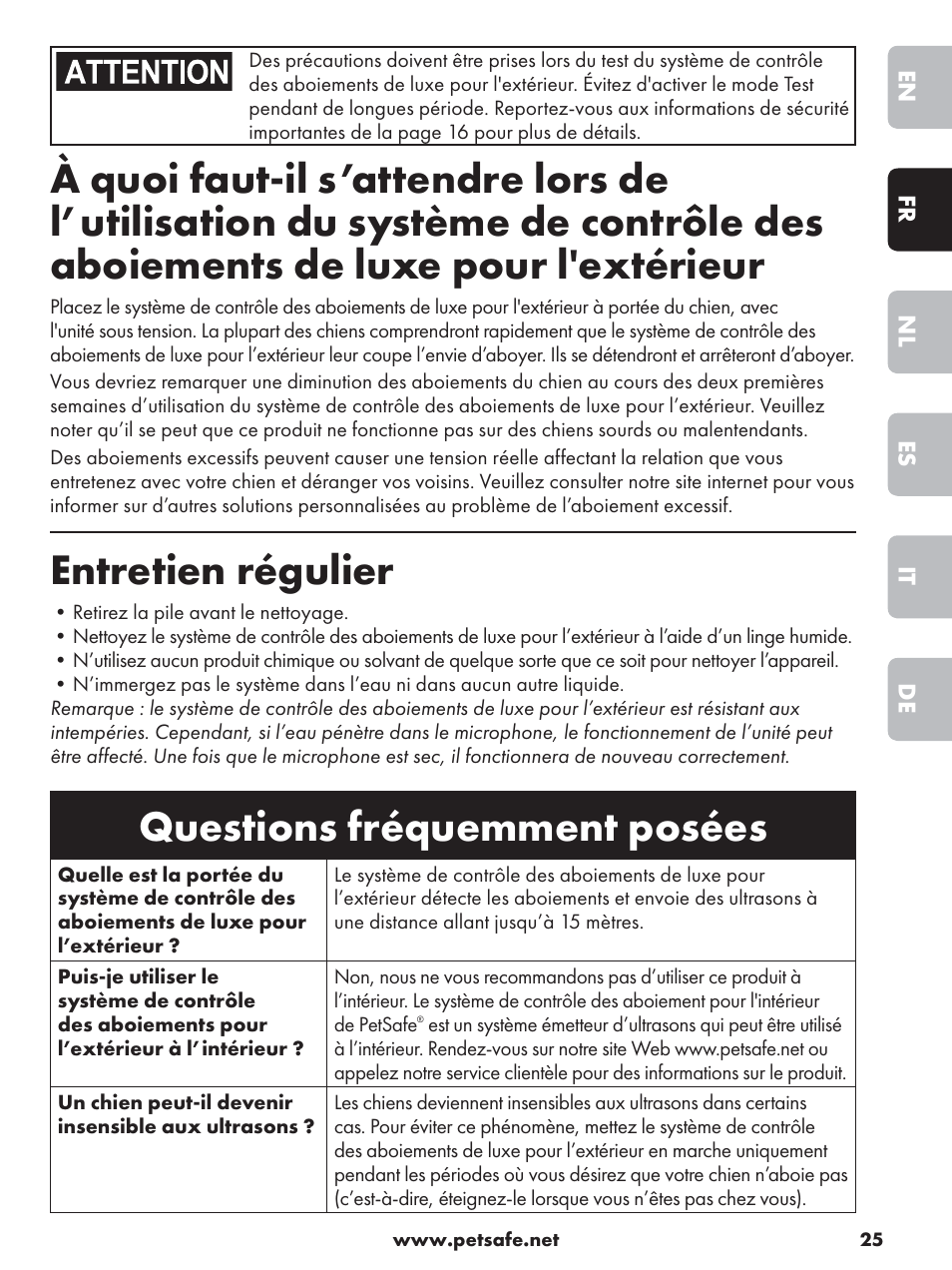 Entretien régulier, Questions fréquemment posées | Petsafe Deluxe Outdoor Bark Control User Manual | Page 25 / 80