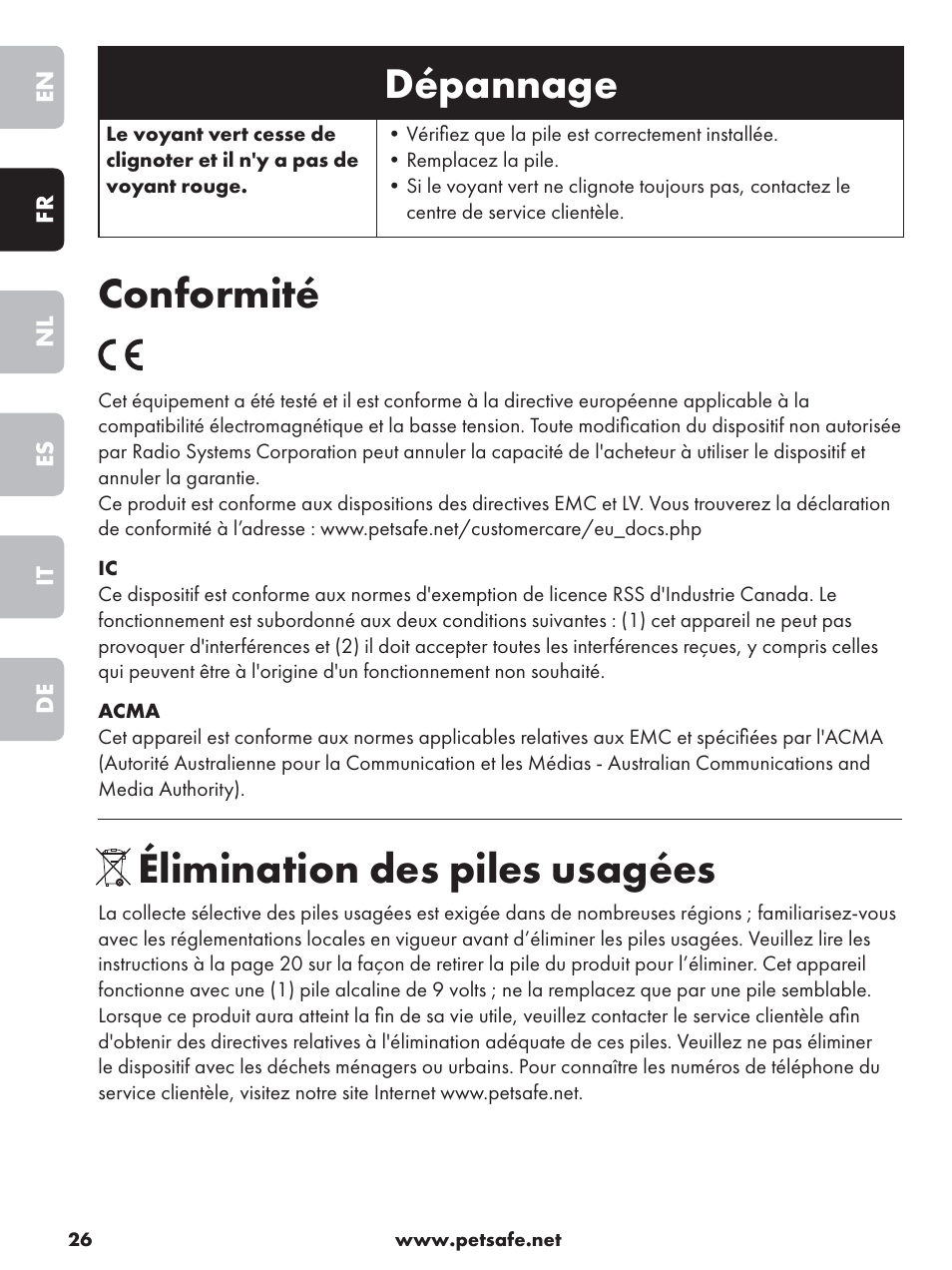 Dépannage, Conformité, Élimination des piles usagées | Petsafe Deluxe Outdoor Bark Control User Manual | Page 26 / 80