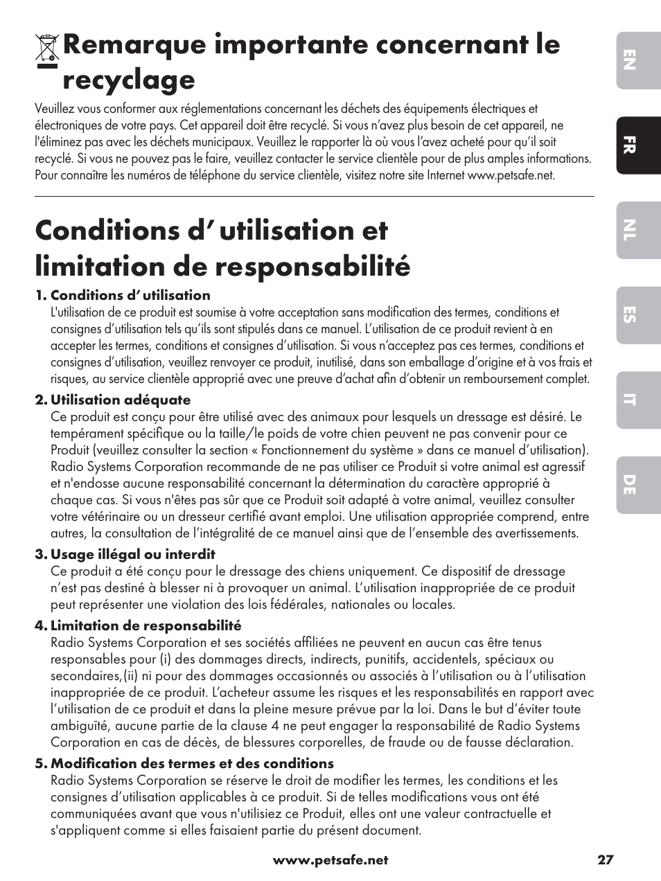 Remarque importante concernant le recyclage | Petsafe Deluxe Outdoor Bark Control User Manual | Page 27 / 80