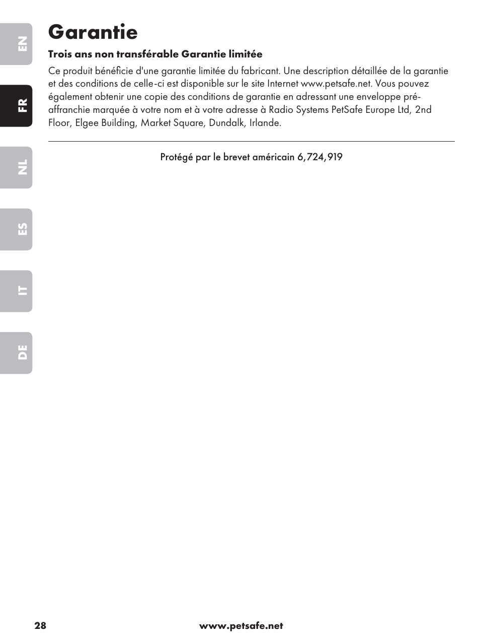 Garantie | Petsafe Deluxe Outdoor Bark Control User Manual | Page 28 / 80