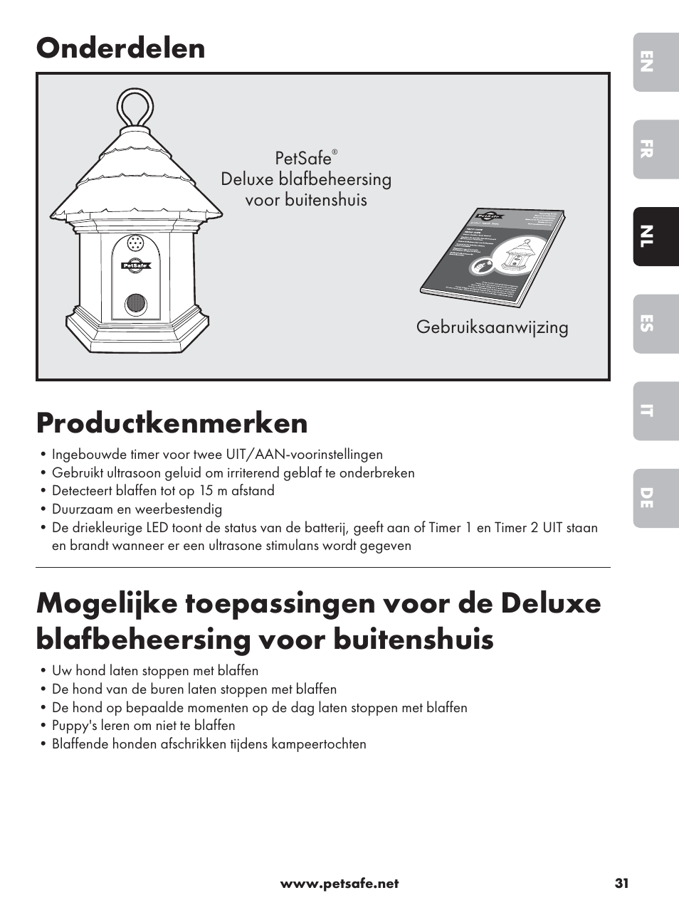 Onderdelen, Productkenmerken | Petsafe Deluxe Outdoor Bark Control User Manual | Page 31 / 80