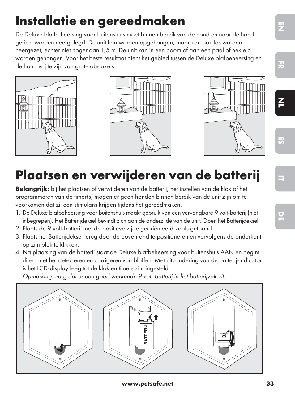 Installatie en gereedmaken, Plaatsen en verwijderen van de batterij | Petsafe Deluxe Outdoor Bark Control User Manual | Page 33 / 80