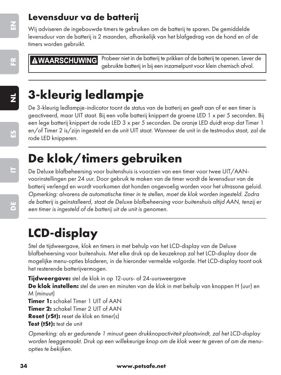 Kleurig ledlampje, De klok/timers gebruiken, Lcd-display | Levensduur va de batterij | Petsafe Deluxe Outdoor Bark Control User Manual | Page 34 / 80