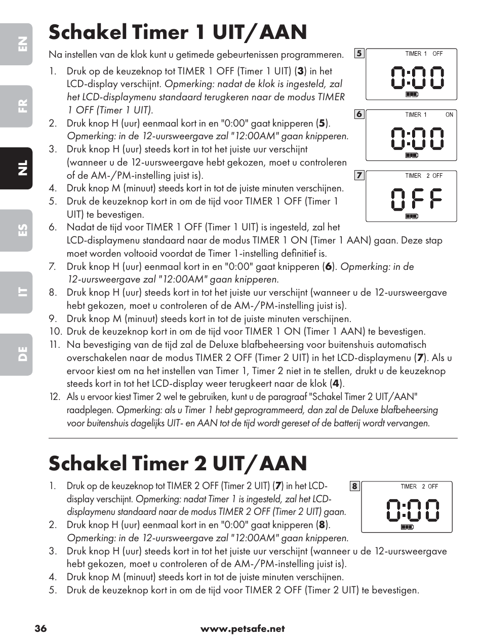 Schakel timer 1 uit/aan, Schakel timer 2 uit/aan | Petsafe Deluxe Outdoor Bark Control User Manual | Page 36 / 80