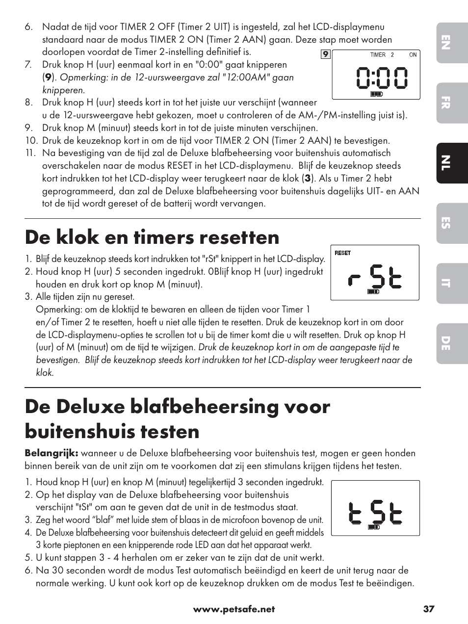 De klok en timers resetten, De deluxe blafbeheersing voor buitenshuis testen | Petsafe Deluxe Outdoor Bark Control User Manual | Page 37 / 80