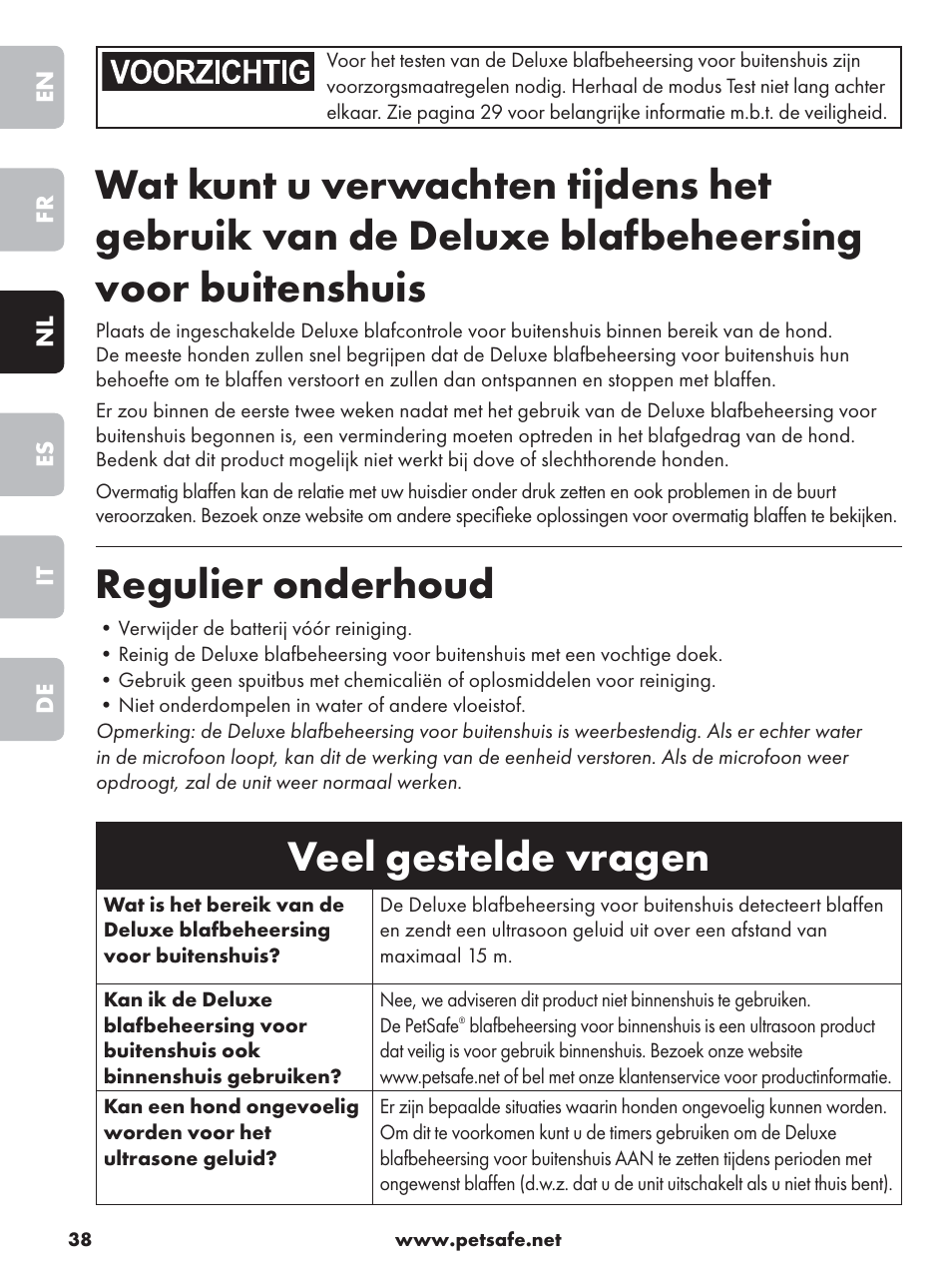 Regulier onderhoud, Veel gestelde vragen | Petsafe Deluxe Outdoor Bark Control User Manual | Page 38 / 80
