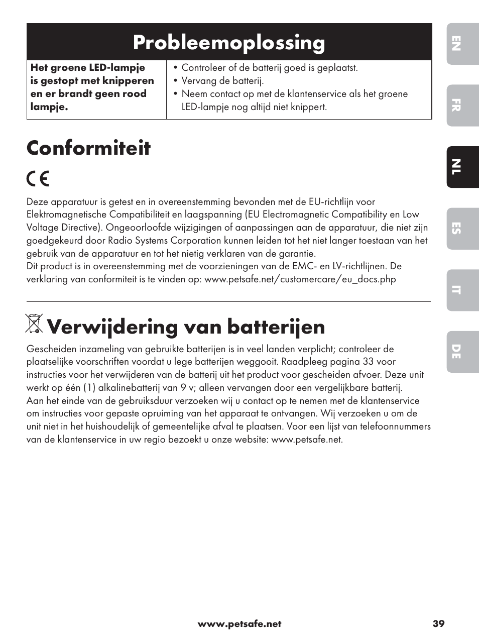 Probleemoplossing, Conformiteit, Verwijdering van batterijen | Petsafe Deluxe Outdoor Bark Control User Manual | Page 39 / 80