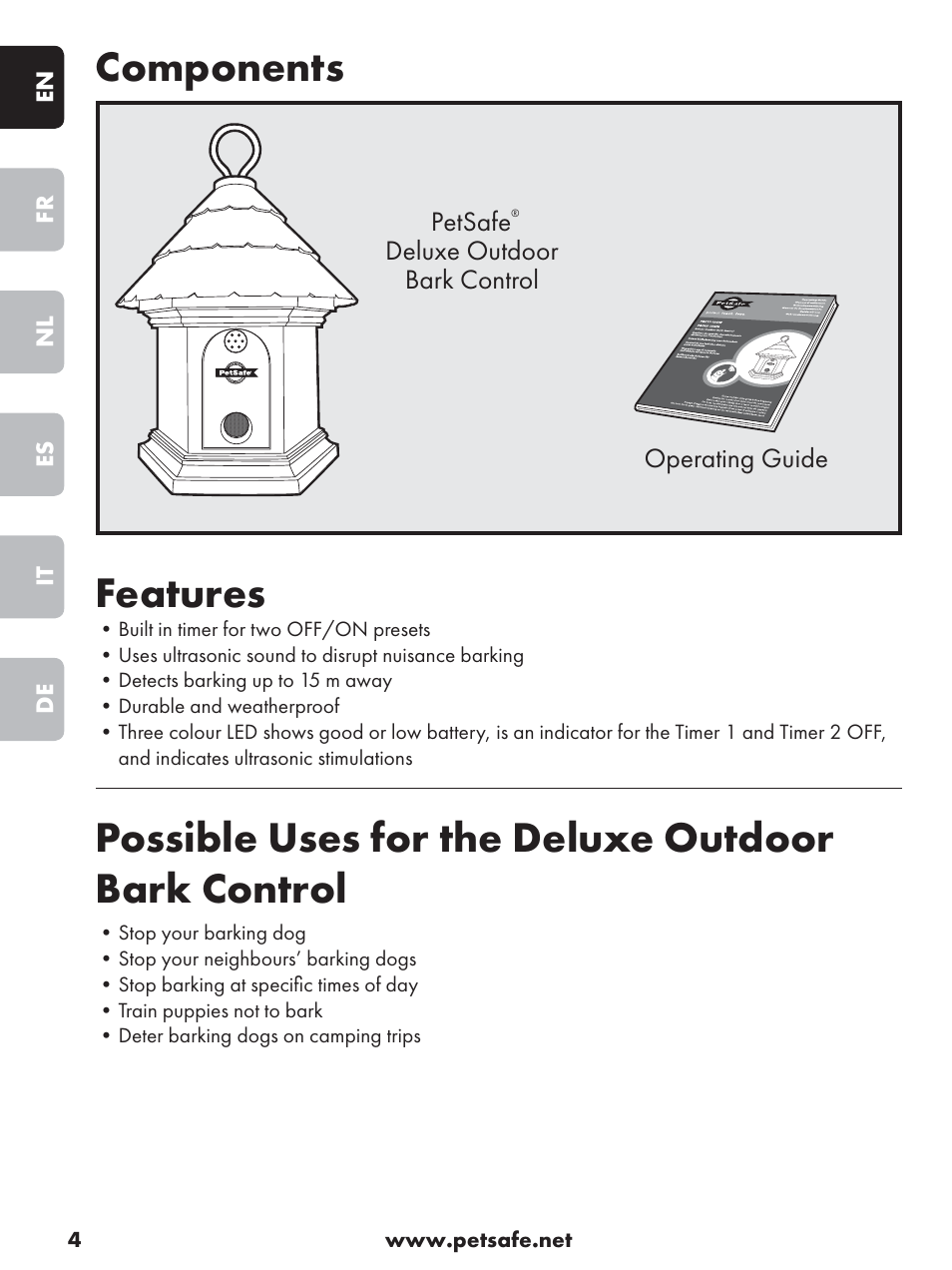 Components, Features, Possible uses for the deluxe outdoor bark control | Petsafe Deluxe Outdoor Bark Control User Manual | Page 4 / 80