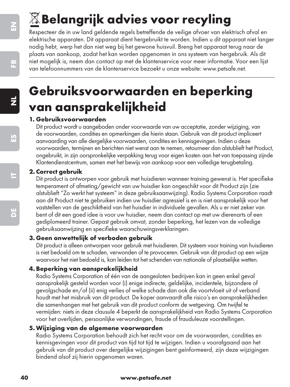 Belangrijk advies voor recyling | Petsafe Deluxe Outdoor Bark Control User Manual | Page 40 / 80