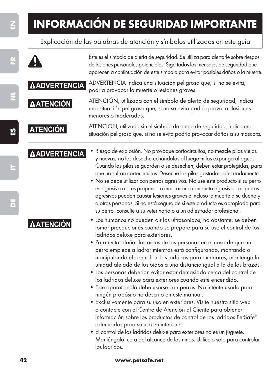 Información de seguridad importante | Petsafe Deluxe Outdoor Bark Control User Manual | Page 42 / 80