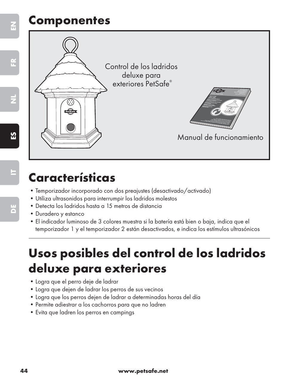 Componentes, Características | Petsafe Deluxe Outdoor Bark Control User Manual | Page 44 / 80