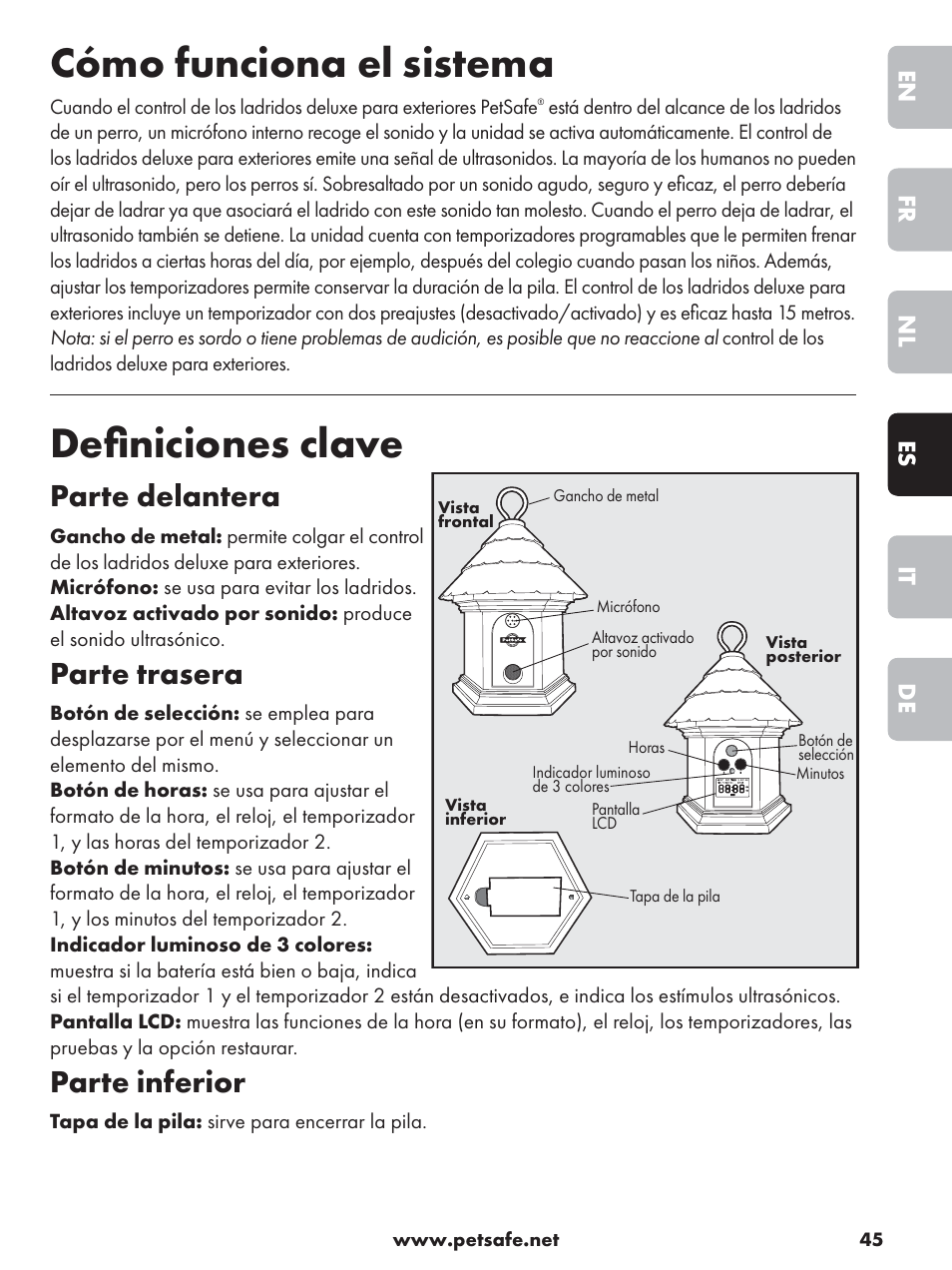 Cómo funciona el sistema, Deﬁ niciones clave, Parte delantera | Parte trasera, Parte inferior, De it es nl fr en | Petsafe Deluxe Outdoor Bark Control User Manual | Page 45 / 80