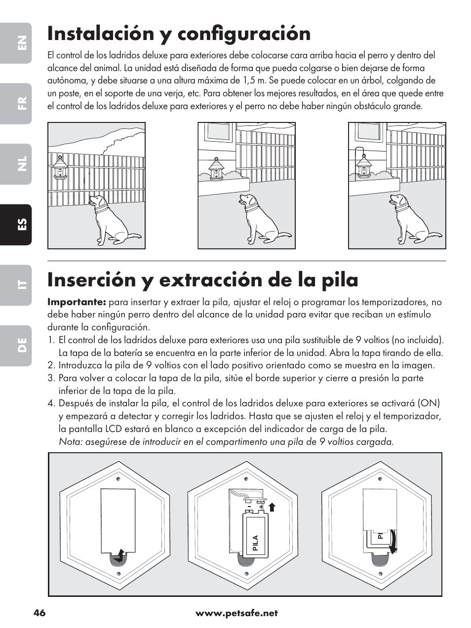Instalación y conﬁ guración, Inserción y extracción de la pila | Petsafe Deluxe Outdoor Bark Control User Manual | Page 46 / 80