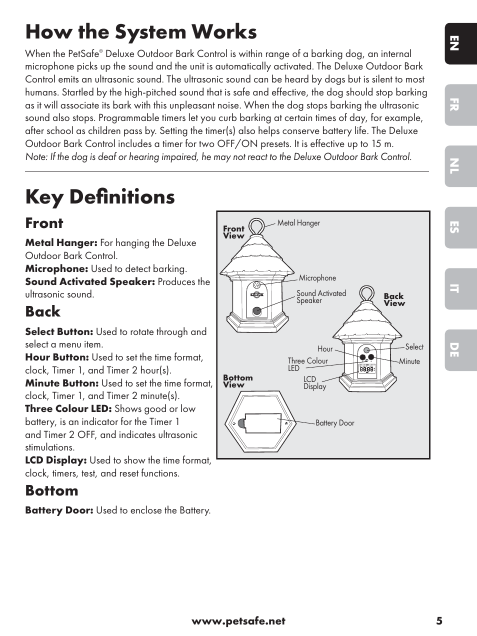 How the system works, Key deﬁ nitions, Front | Back, Bottom, De it es nl fr en | Petsafe Deluxe Outdoor Bark Control User Manual | Page 5 / 80