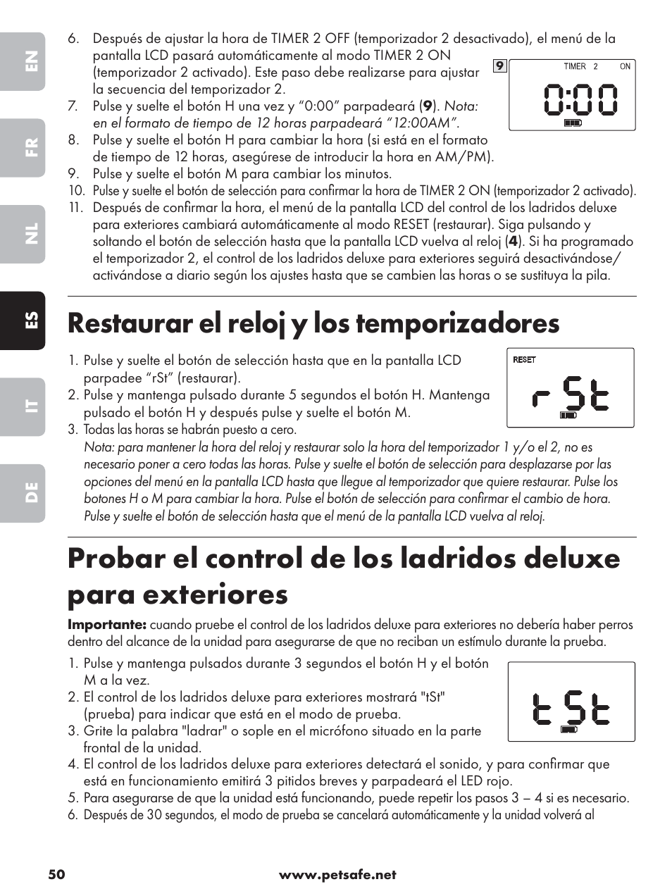 Restaurar el reloj y los temporizadores | Petsafe Deluxe Outdoor Bark Control User Manual | Page 50 / 80