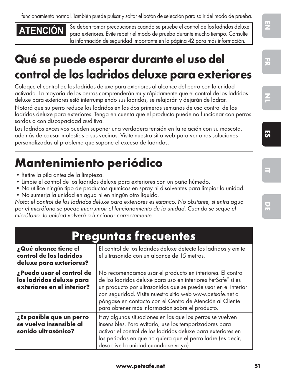 Mantenimiento periódico, Preguntas frecuentes | Petsafe Deluxe Outdoor Bark Control User Manual | Page 51 / 80