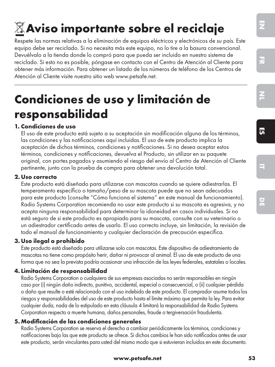 Aviso importante sobre el reciclaje, Condiciones de uso y limitación de responsabilidad | Petsafe Deluxe Outdoor Bark Control User Manual | Page 53 / 80