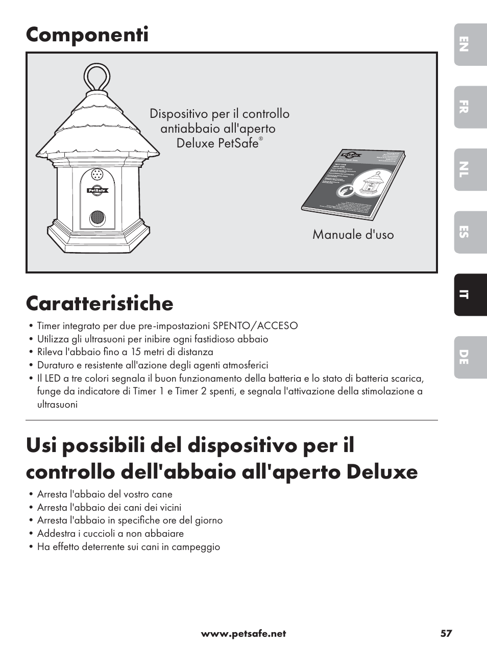 Componenti, Caratteristiche | Petsafe Deluxe Outdoor Bark Control User Manual | Page 57 / 80