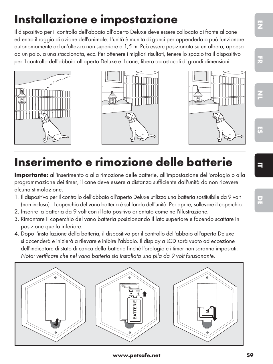 Installazione e impostazione, Inserimento e rimozione delle batterie | Petsafe Deluxe Outdoor Bark Control User Manual | Page 59 / 80