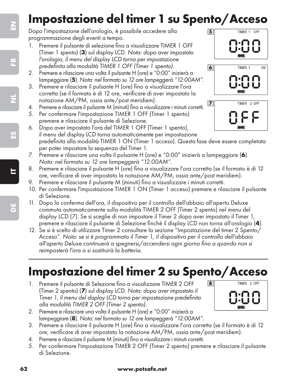 Impostazione del timer 1 su spento/acceso, Impostazione del timer 2 su spento/acceso | Petsafe Deluxe Outdoor Bark Control User Manual | Page 62 / 80