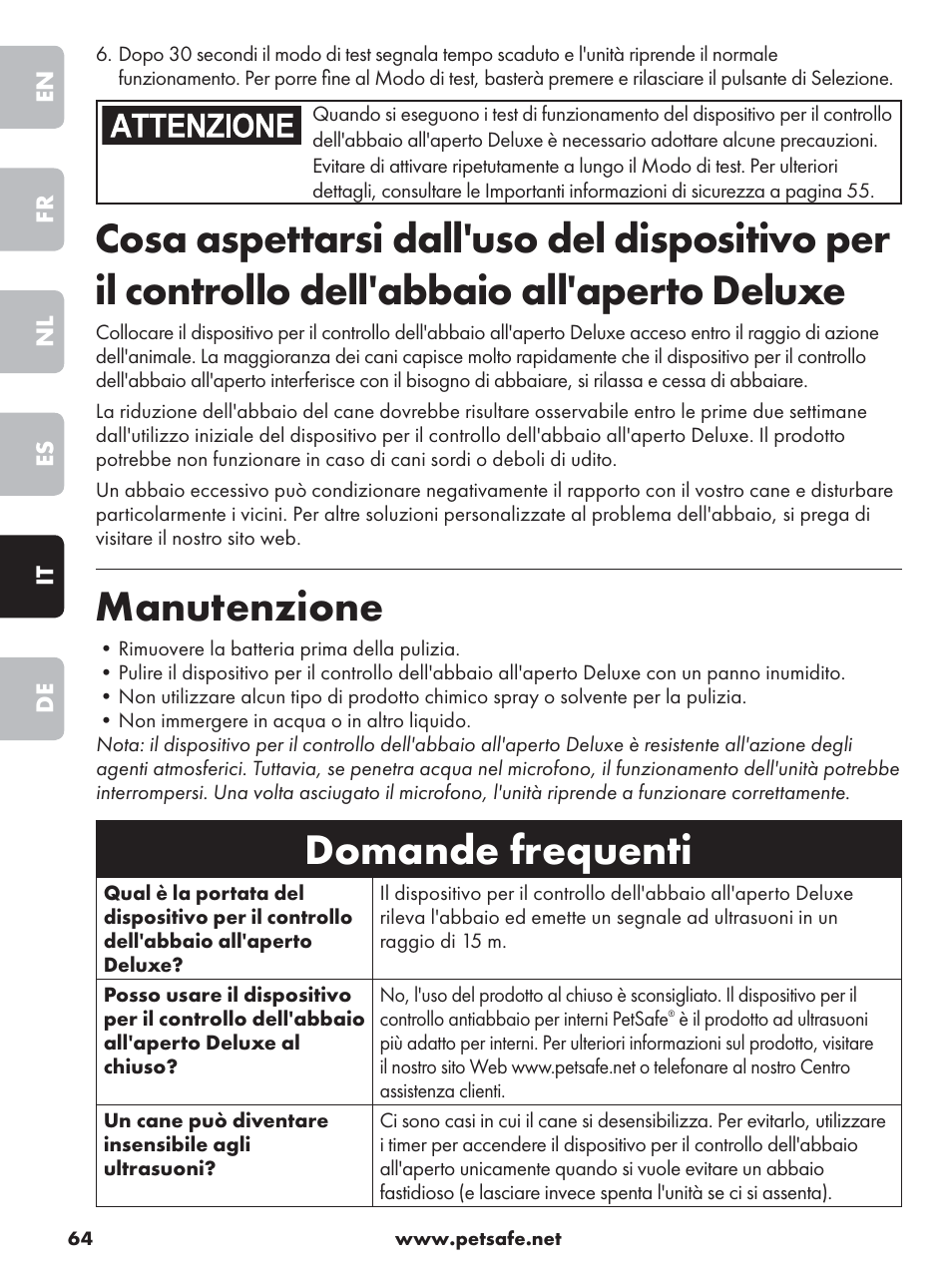 Manutenzione, Domande frequenti | Petsafe Deluxe Outdoor Bark Control User Manual | Page 64 / 80