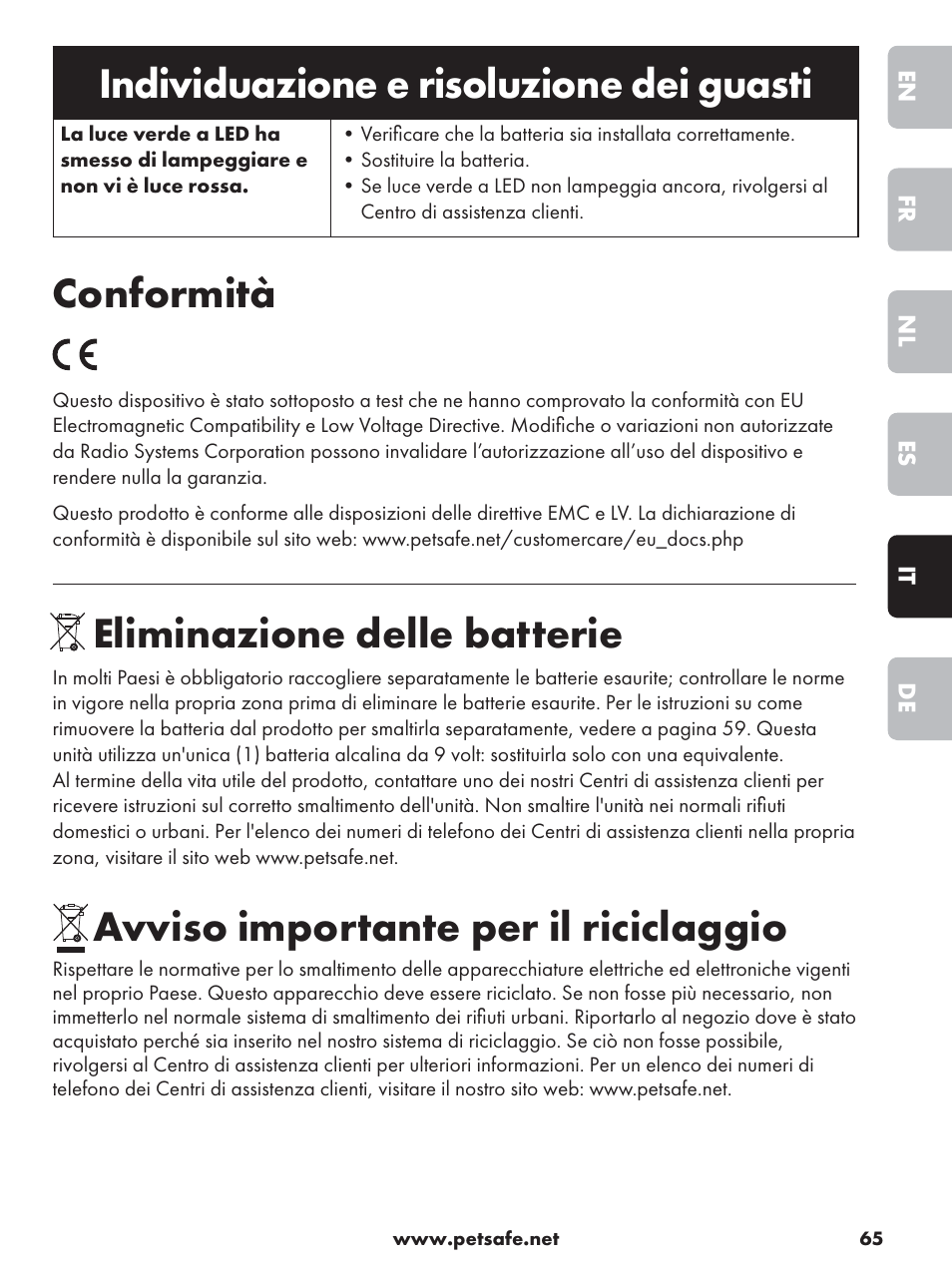 Individuazione e risoluzione dei guasti, Conformità, Eliminazione delle batterie | Avviso importante per il riciclaggio | Petsafe Deluxe Outdoor Bark Control User Manual | Page 65 / 80