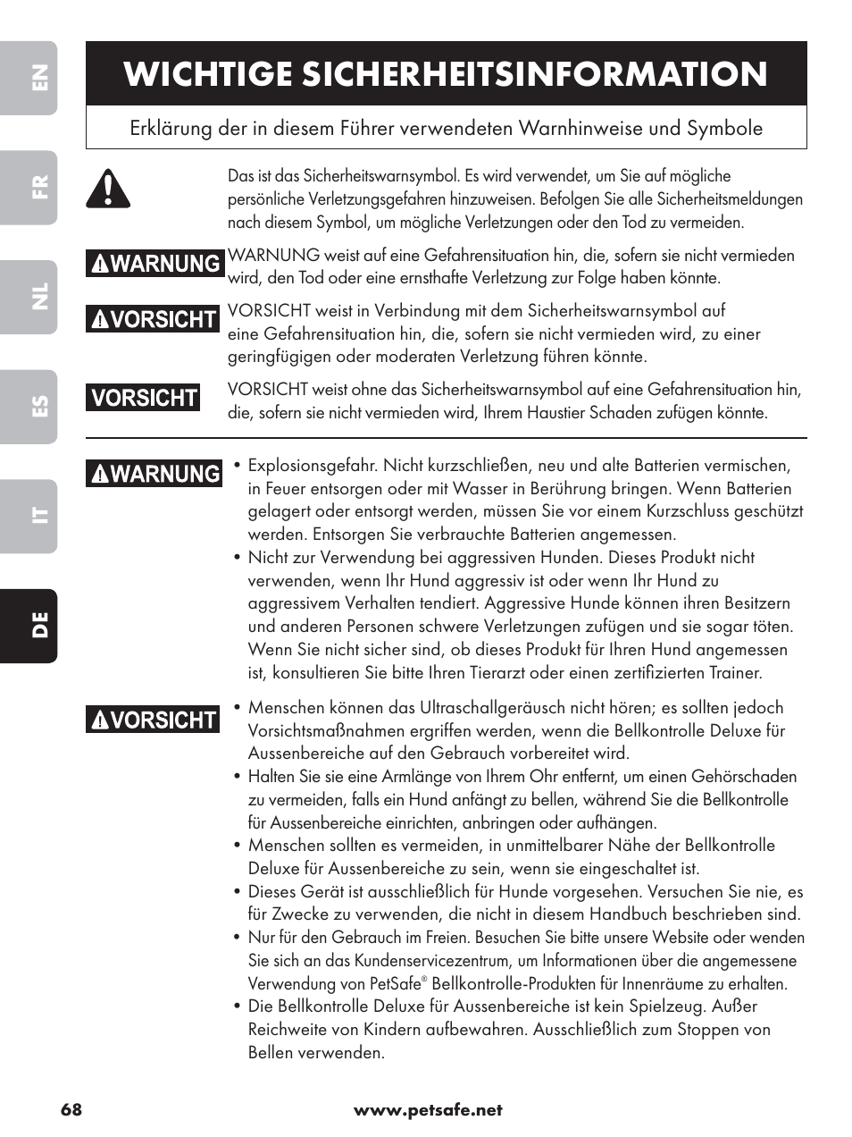 Wichtige sicherheitsinformation | Petsafe Deluxe Outdoor Bark Control User Manual | Page 68 / 80